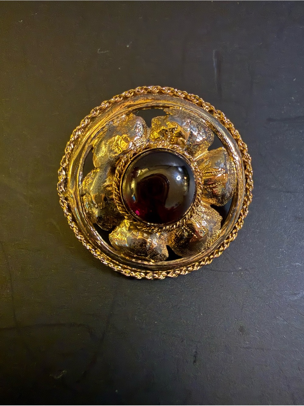 Vintage 14K Gold Brooch with Dark Red Garnet Cabochon